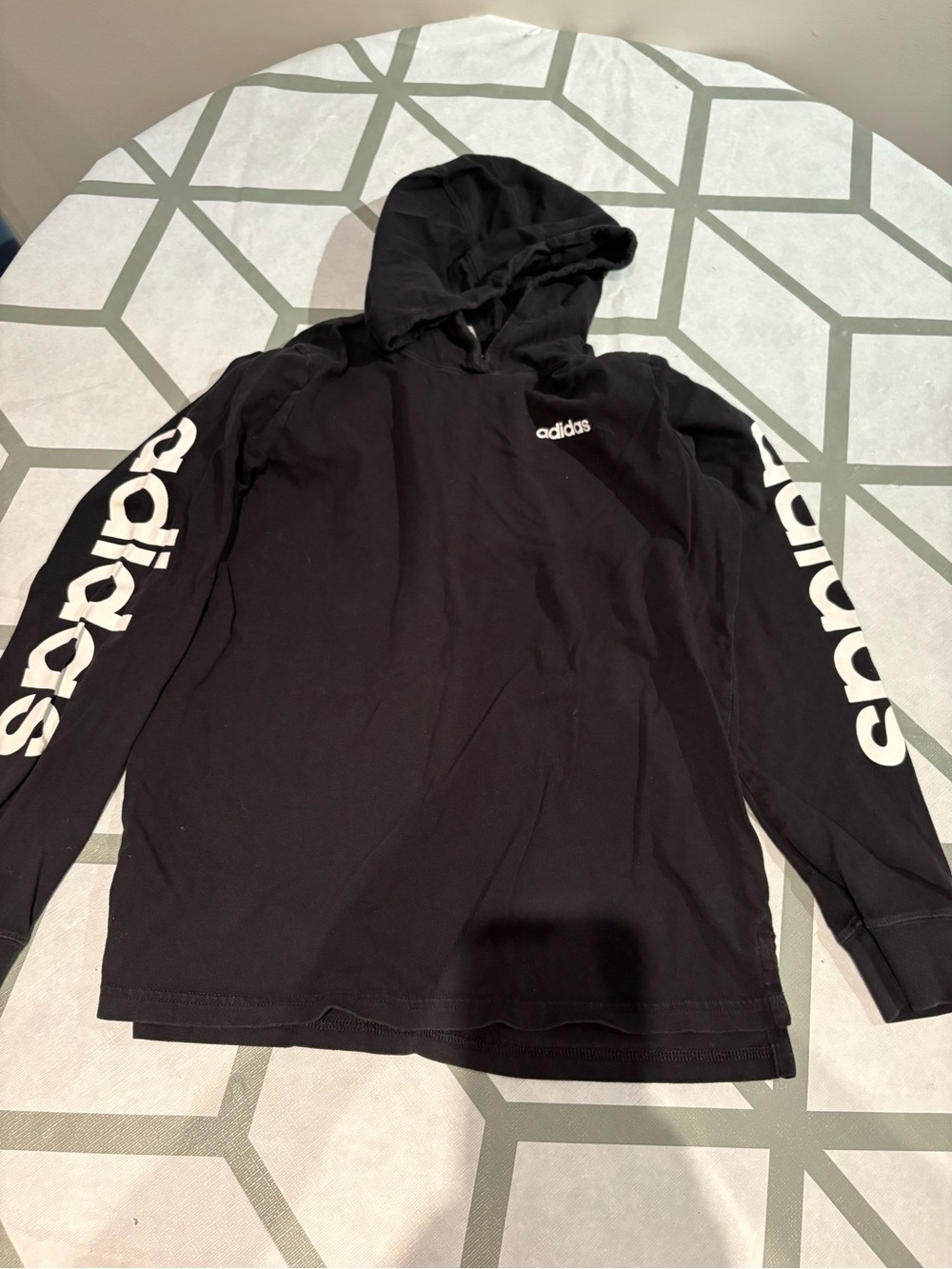 adidas Black Hooded Long Sleeve Tee with White Sleeve Logo